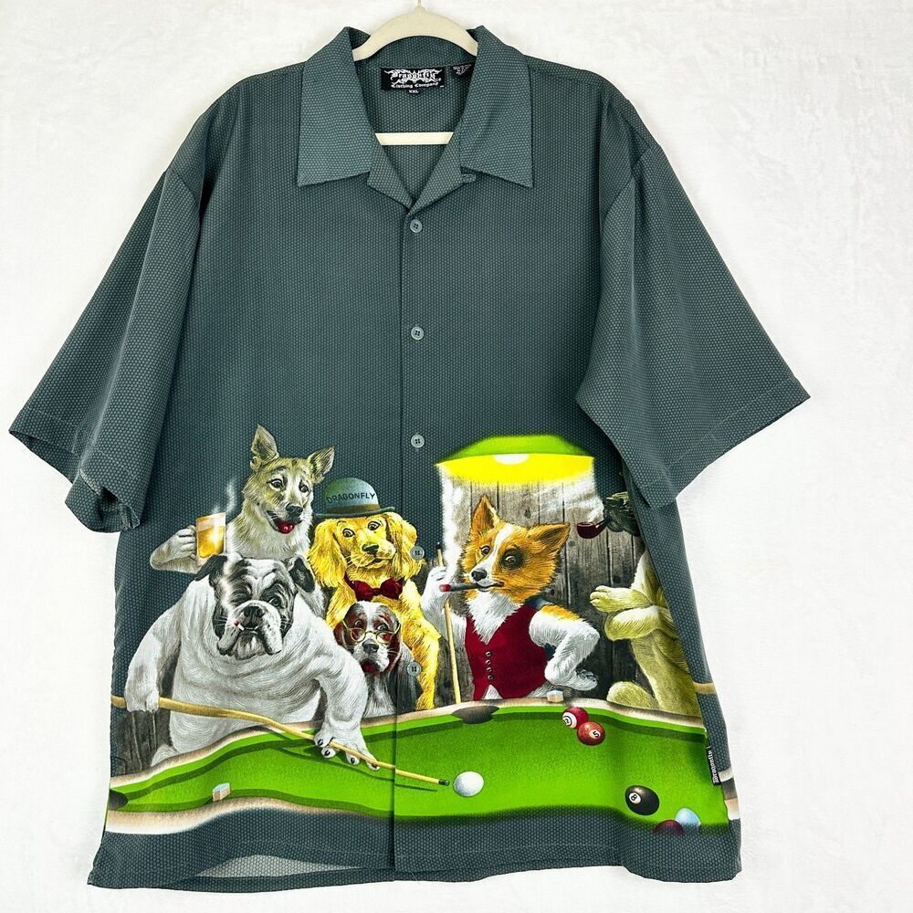 Vintage Dragonfly Dogs Playing Pool Button Up Size XXL Billiards Short Sleeve